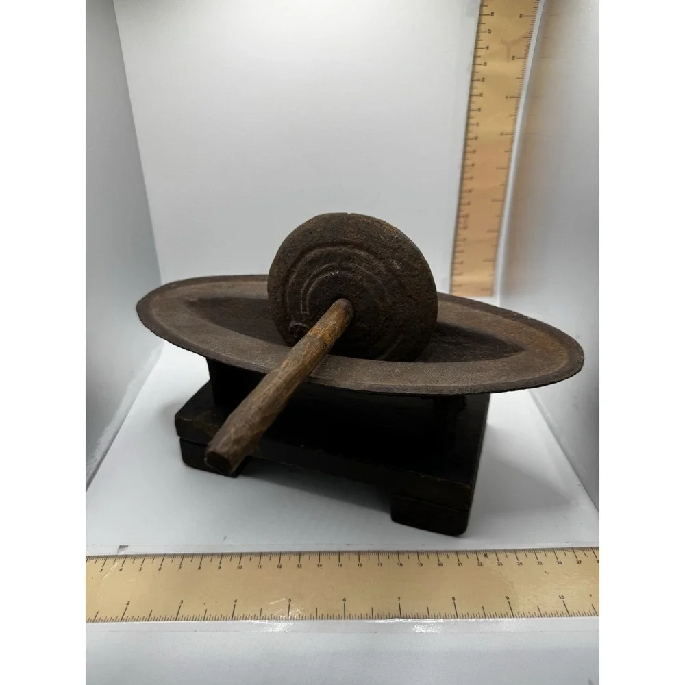 Antique Japanese cast iron and wooden Yagen for grinding medicinal herbs
